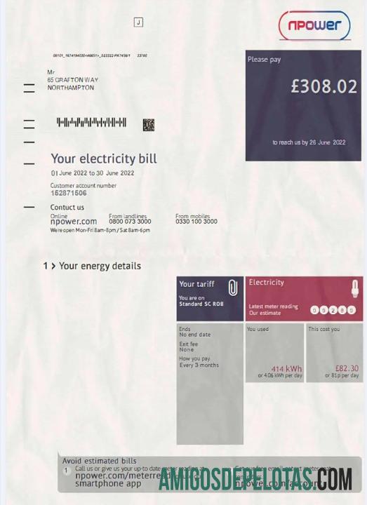 Projeto de lei de eletricidade Npower do Reino Unido em formato PSD baixar para verificação